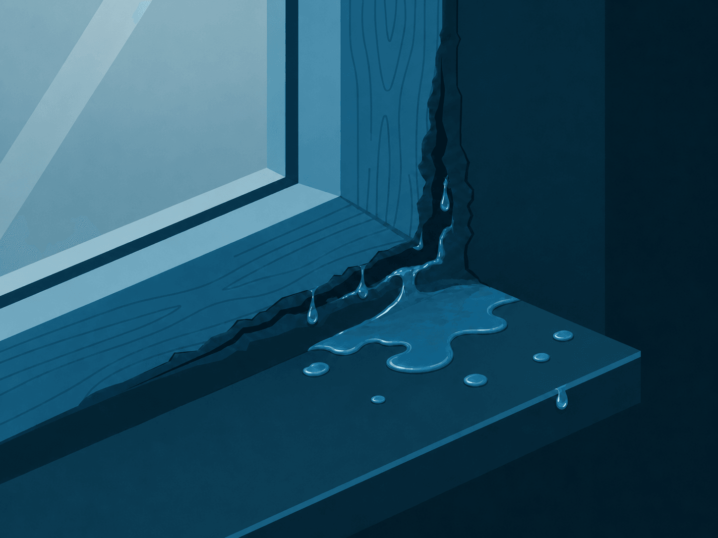 Water leaking through a cracked window seal